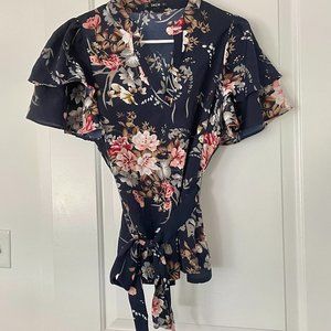 Dark blue floral tie-waist blouse